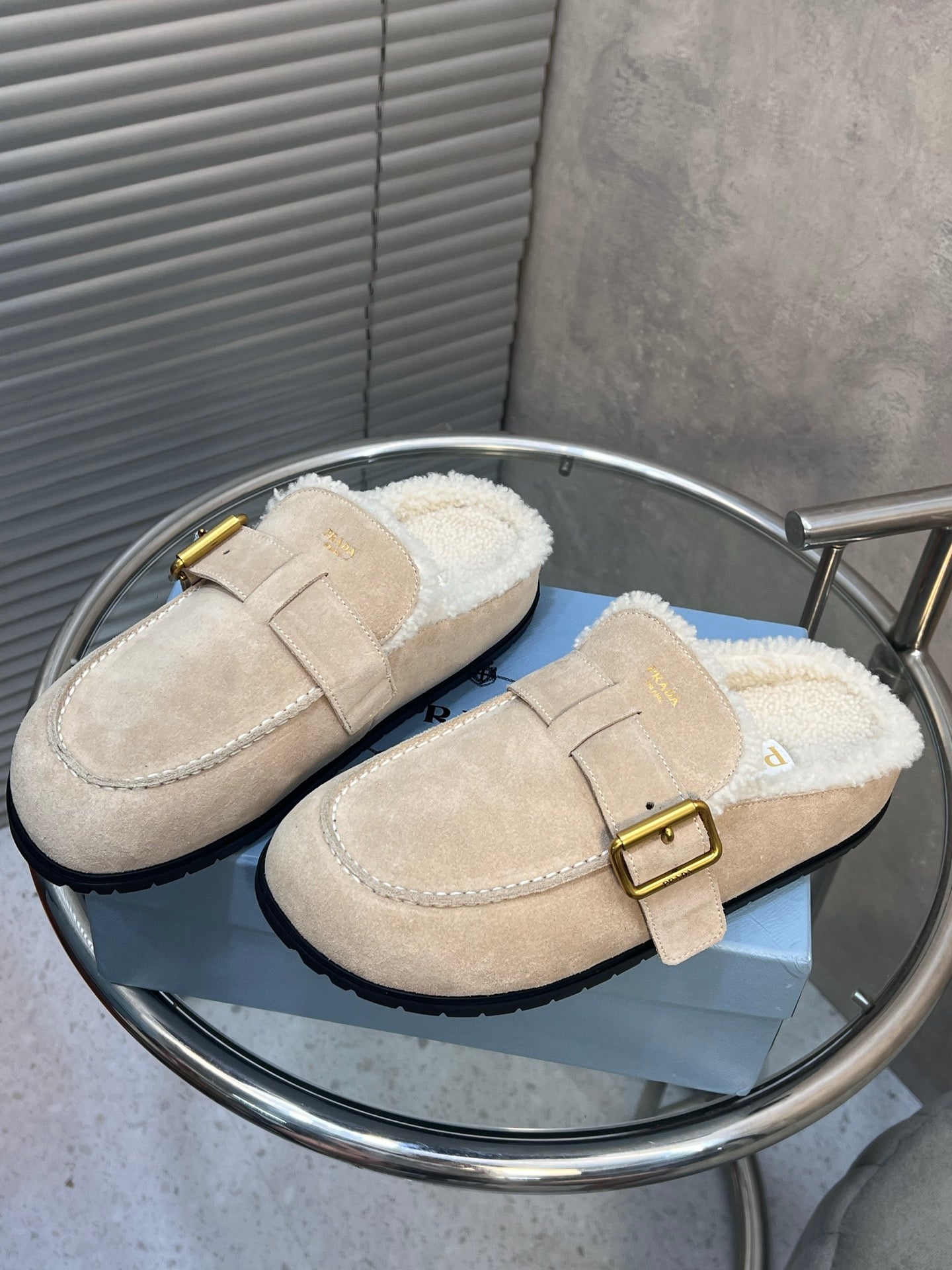 Prada 26s Mules Desert Beige Suede Shearing 952904