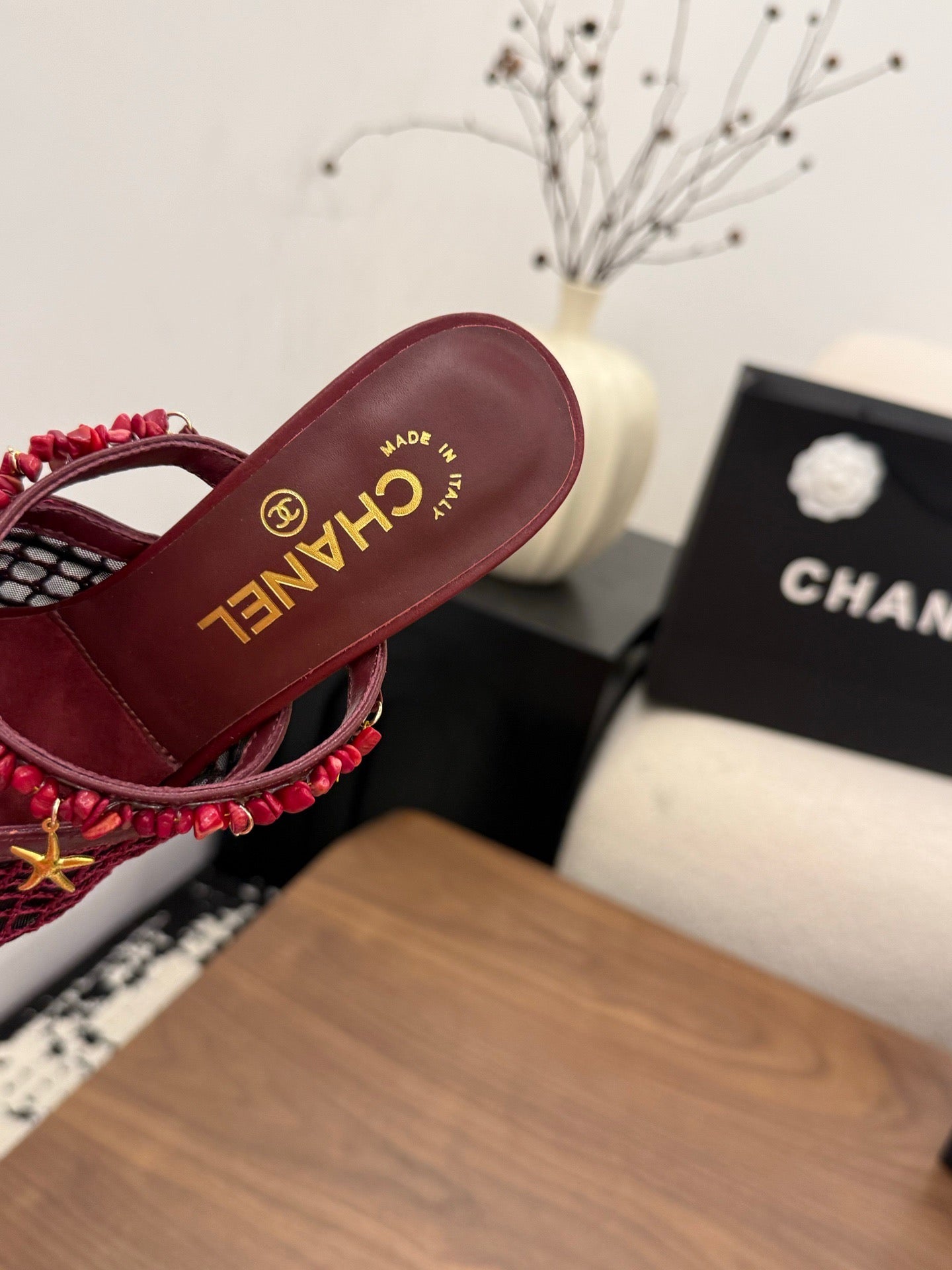 CC Coco Beach 26s Mule 9cm Burgundy Mesh Lambskin Resin 790137