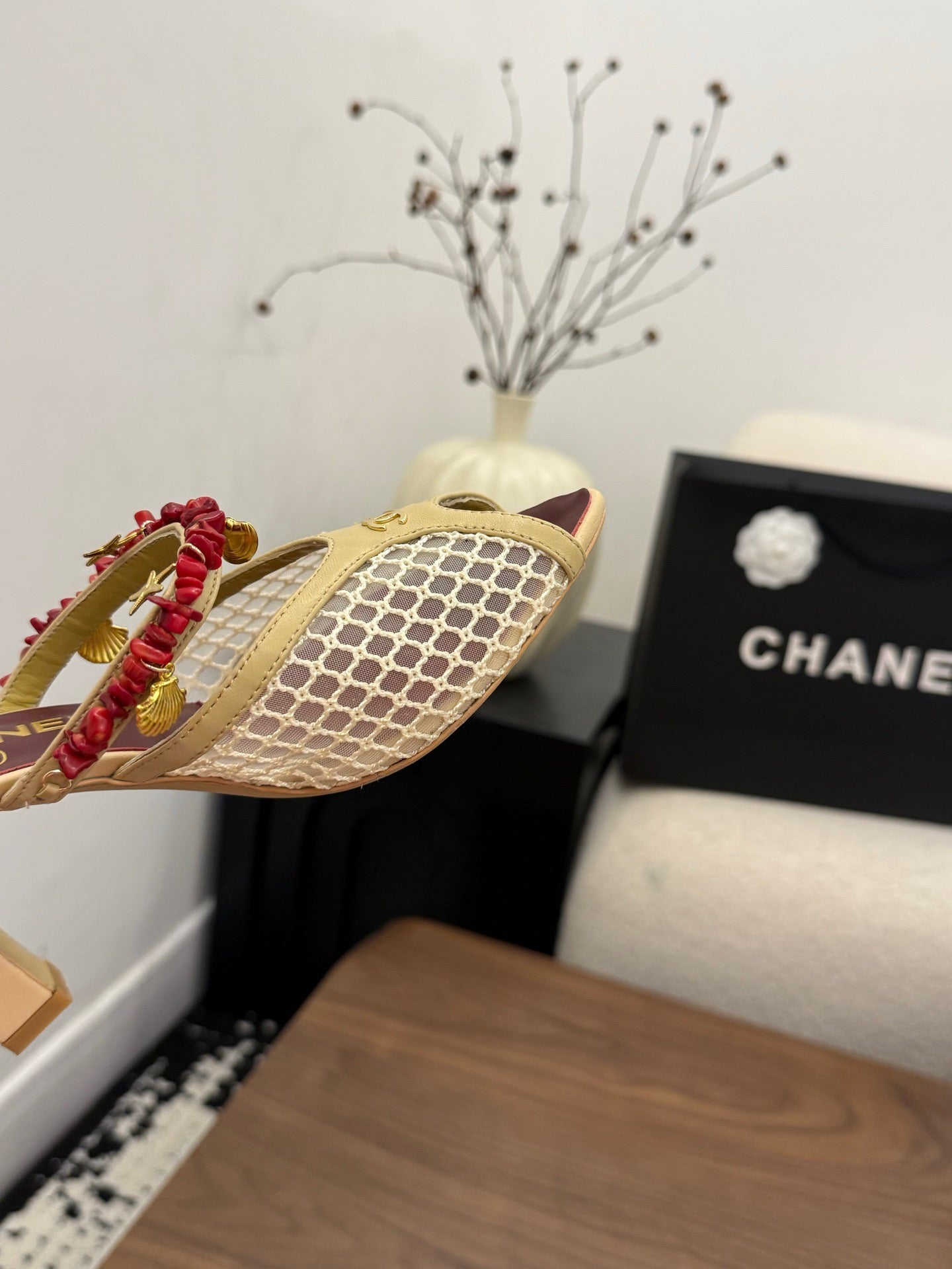 CC Coco Beach 26s Mule 9cm Beige Mesh Lambskin Resin 790138