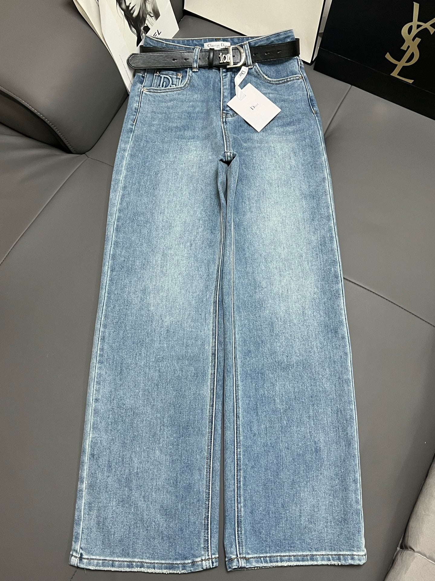 CD 2025 Belt Straight Slightly Stretch Jeans Denim Blue Cotton 109045