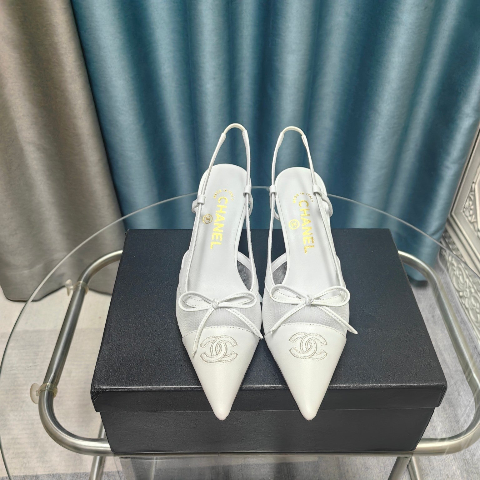 Slingback 50 White Mesh Calfskin Pointed Toe