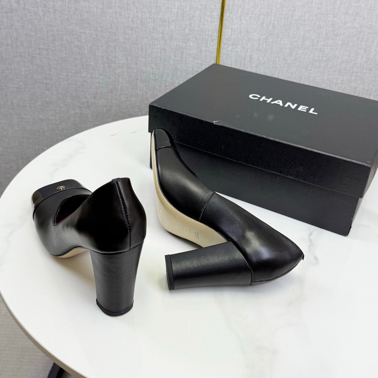 CC Square Toe Slingback Black Sheepskin Patent Leather 541131