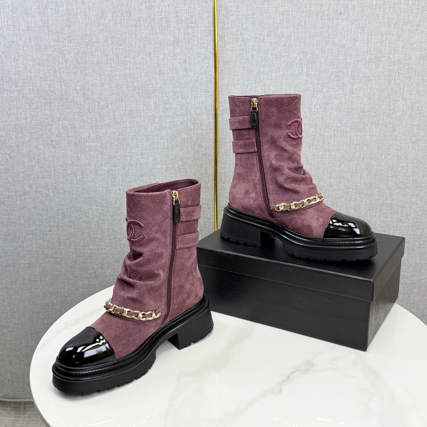 CC 25B AW Ankle Boots Old Rose Black Quited Suede Patent Leather 541068 GHW