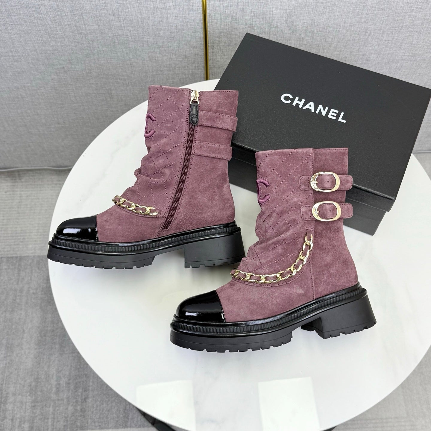 CC 25B AW Ankle Boots Old Rose Black Quited Suede Patent Leather 541068 GHW