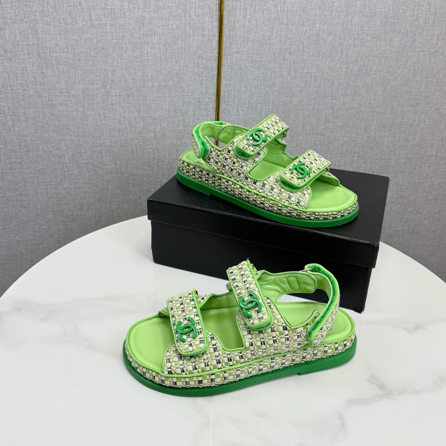 CC Dad Sandal Green Cream Tweed Sheepskin  620120