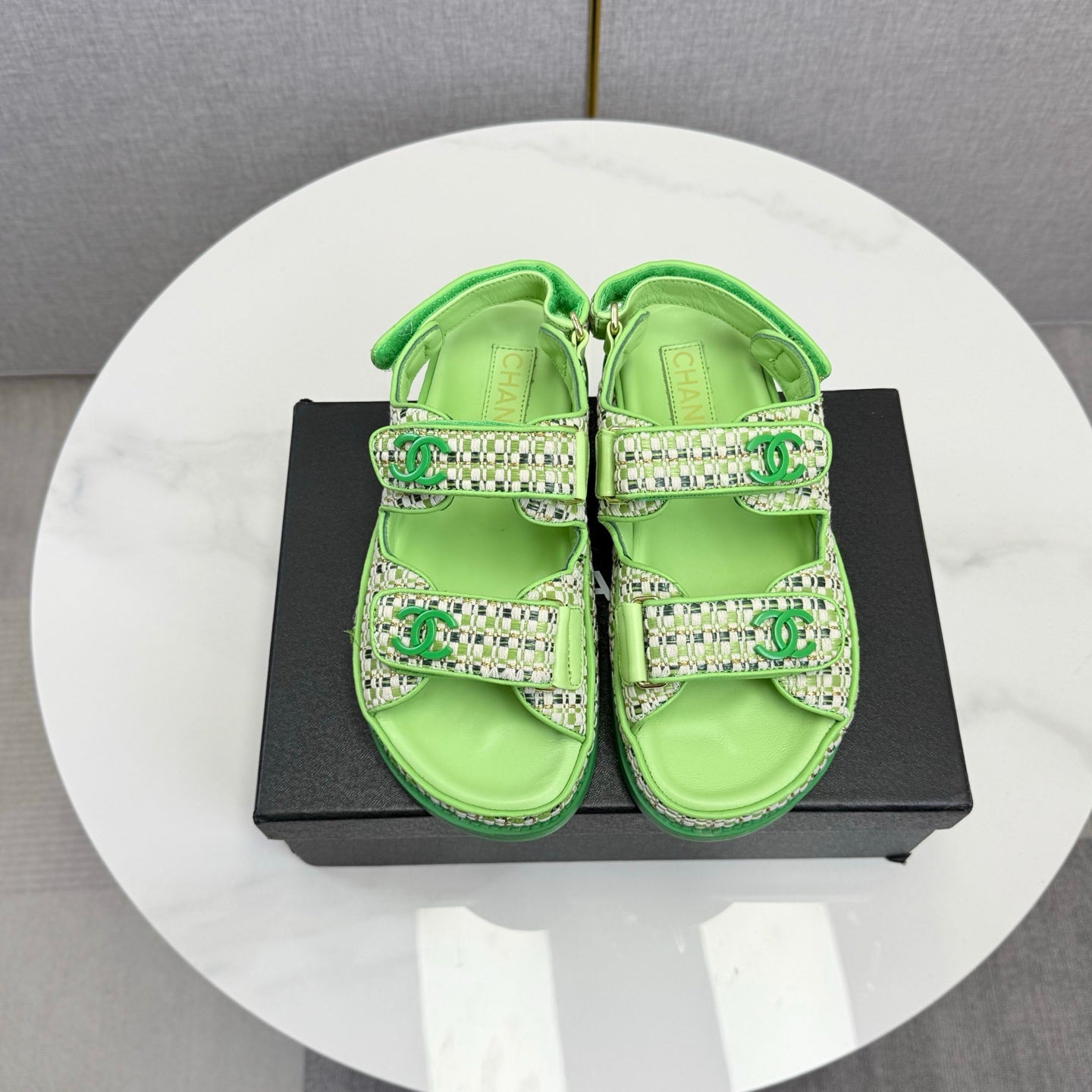 CC Dad Sandal Green Cream Tweed Sheepskin  620120