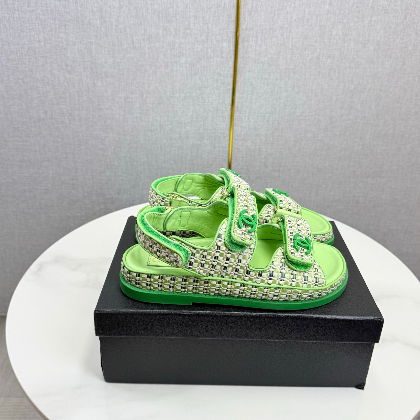 CC Dad Sandal Green Cream Tweed Sheepskin  620120