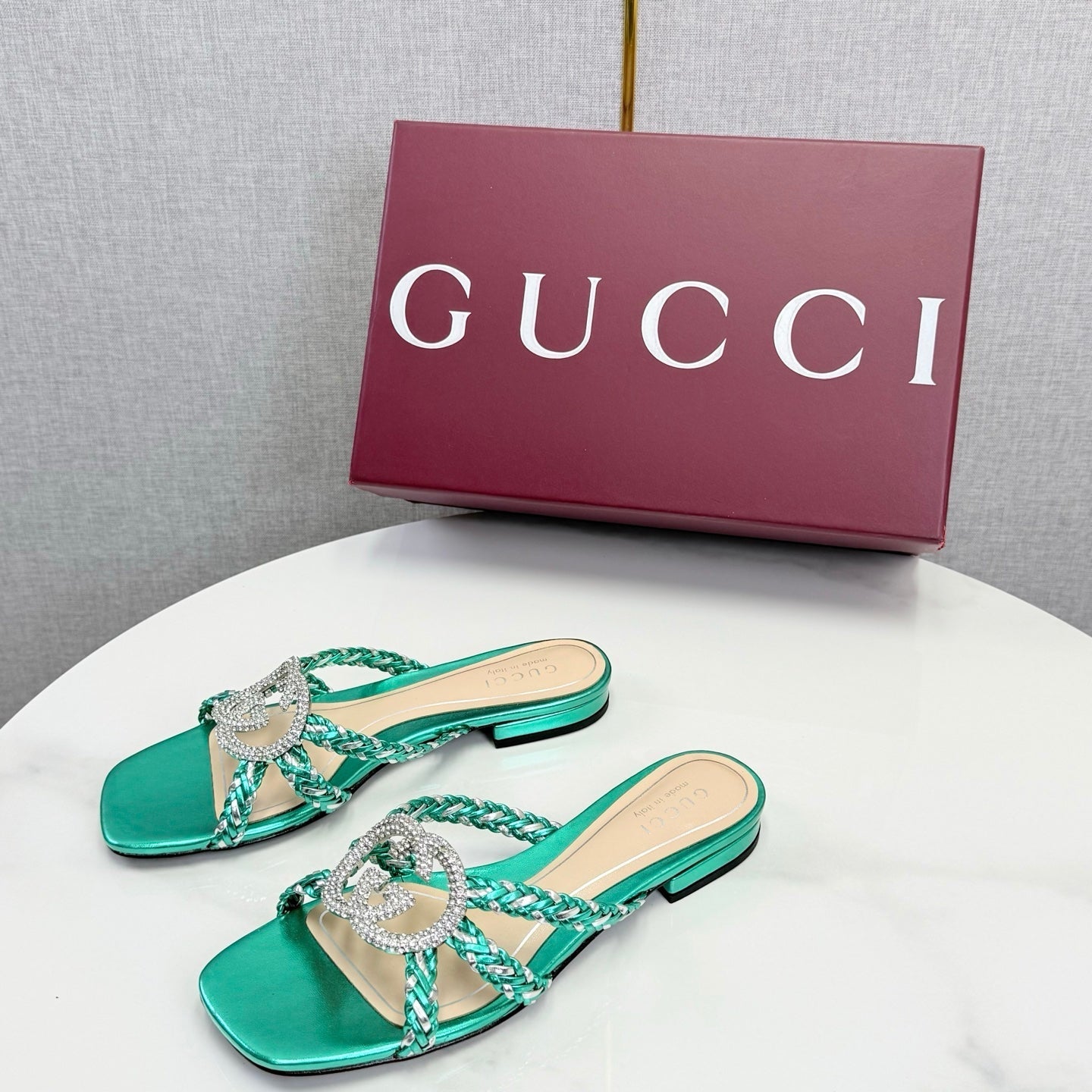 GG 26s Slippers With Crystal Interlocking G Teal Green Leather 639931