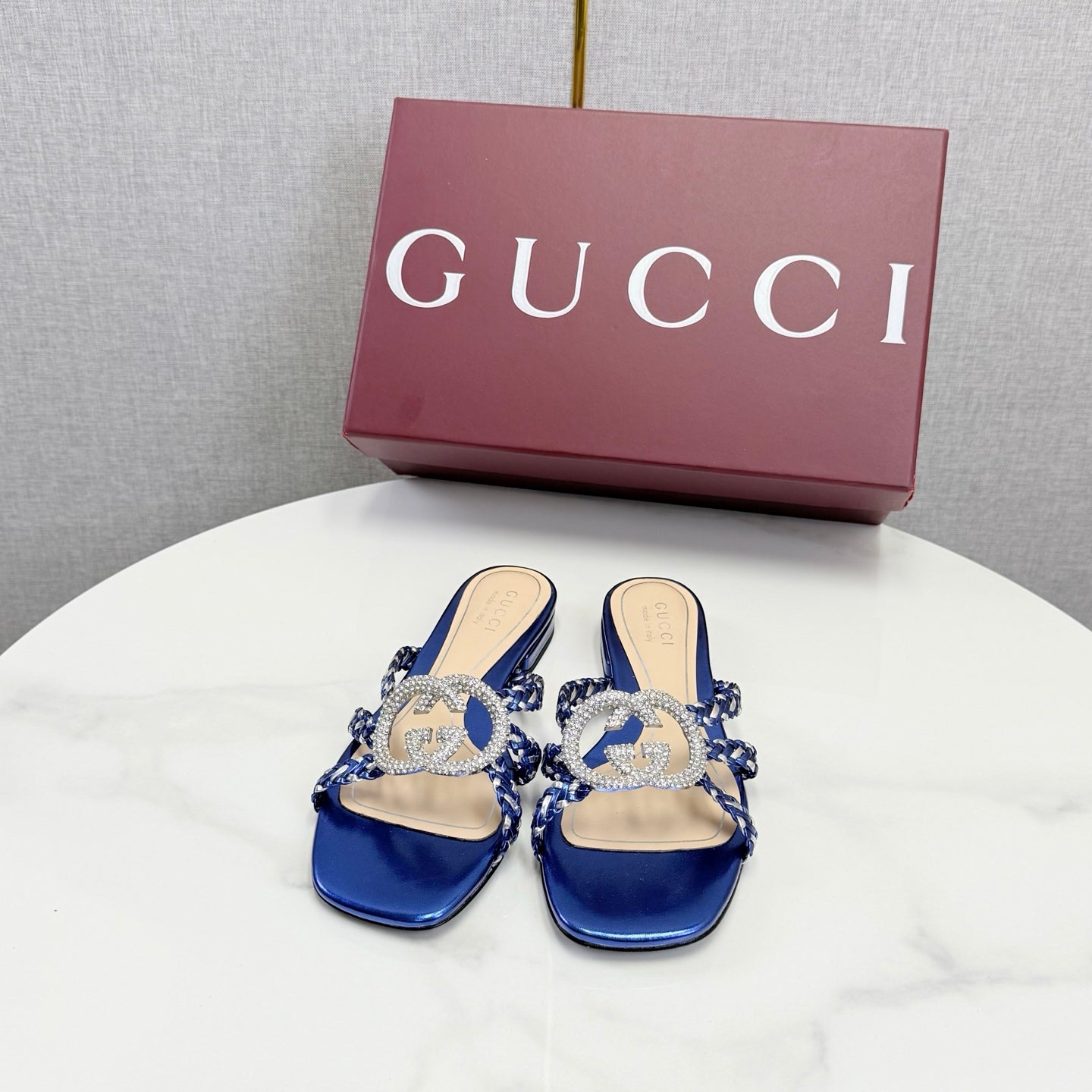 GG 26s Slippers With Crystal Interlocking G Dark Blue Leather 639932