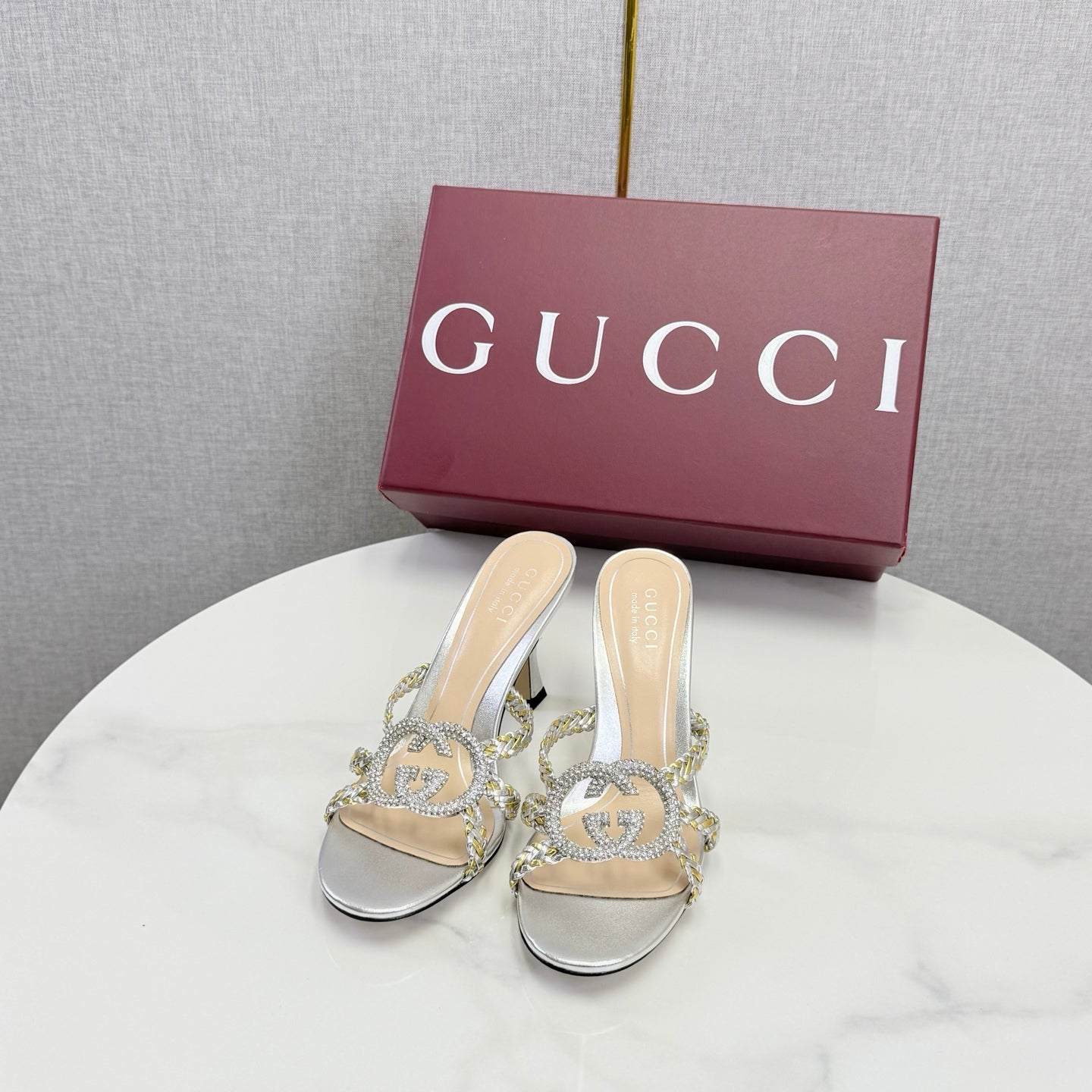 GG 26s Sandals 6.5cm With Crystal Interlocking G Sliver Leather 639949