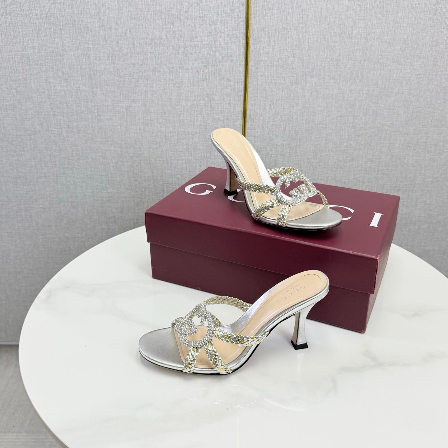 GG 26s Sandals 6.5cm With Crystal Interlocking G Sliver Leather 639949