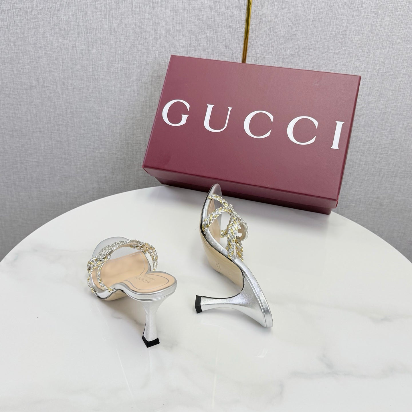 GG 26s Sandals 6.5cm With Crystal Interlocking G Sliver Leather 639949