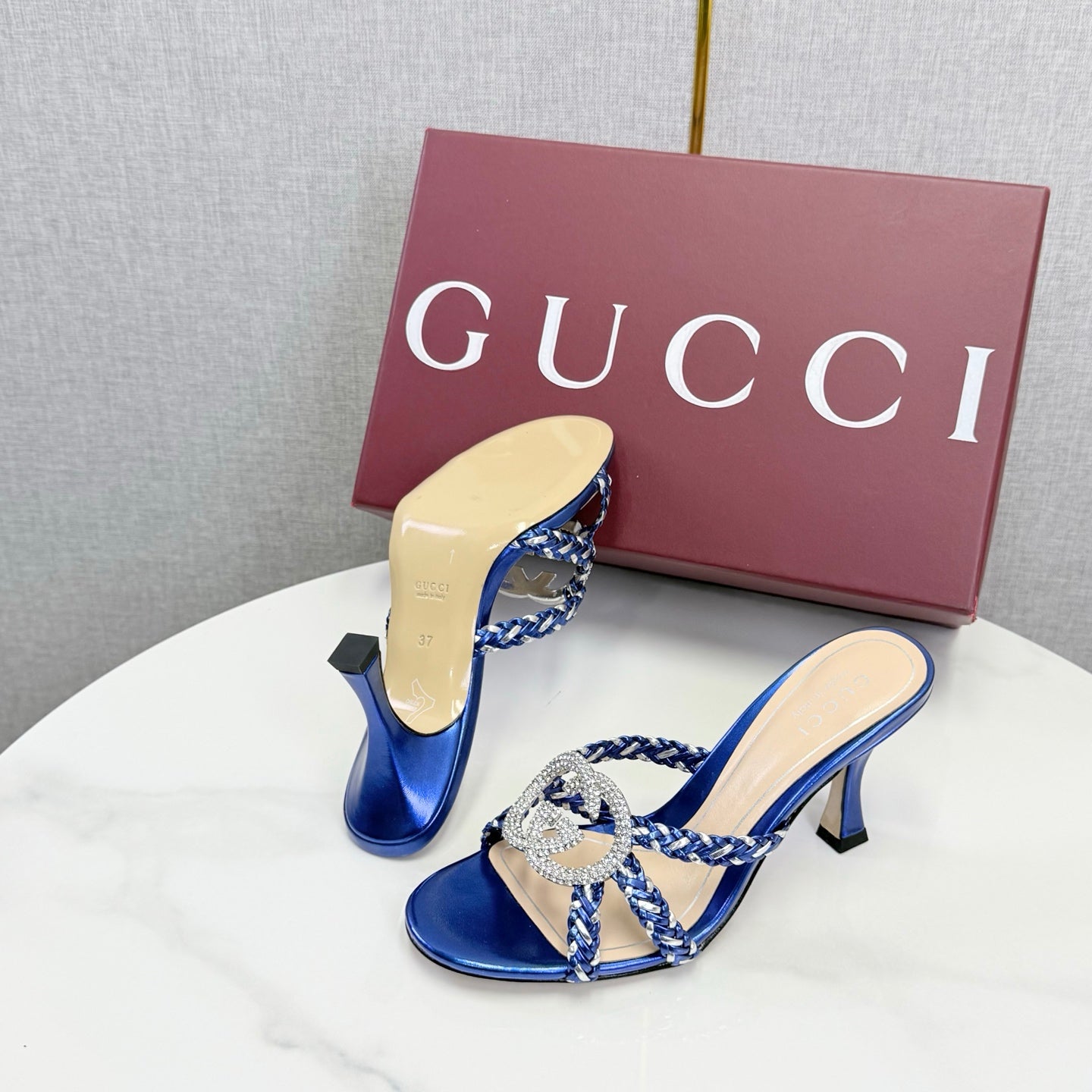 GG 26s Sandals 6.5cm With Crystal Interlocking G Dark Blue Leather 639950