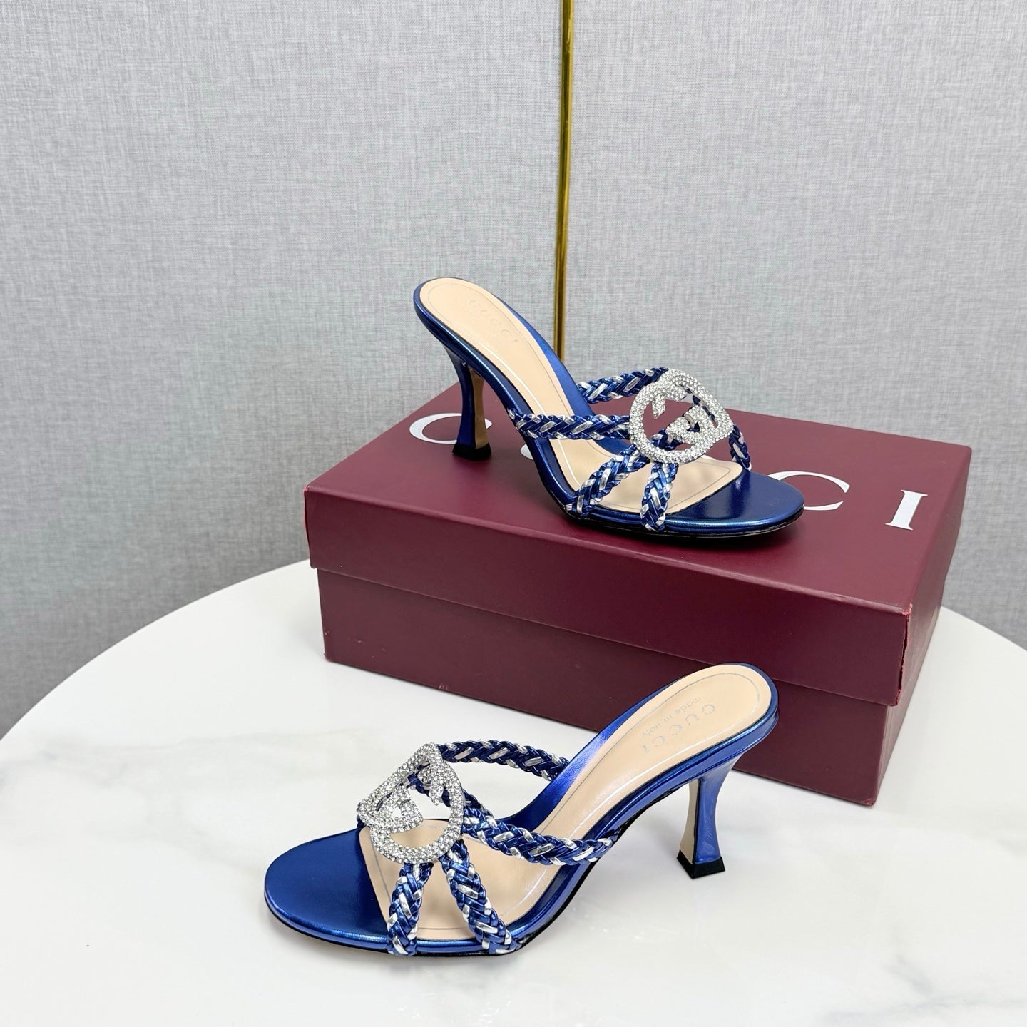 GG 26s Sandals 6.5cm With Crystal Interlocking G Dark Blue Leather 639950