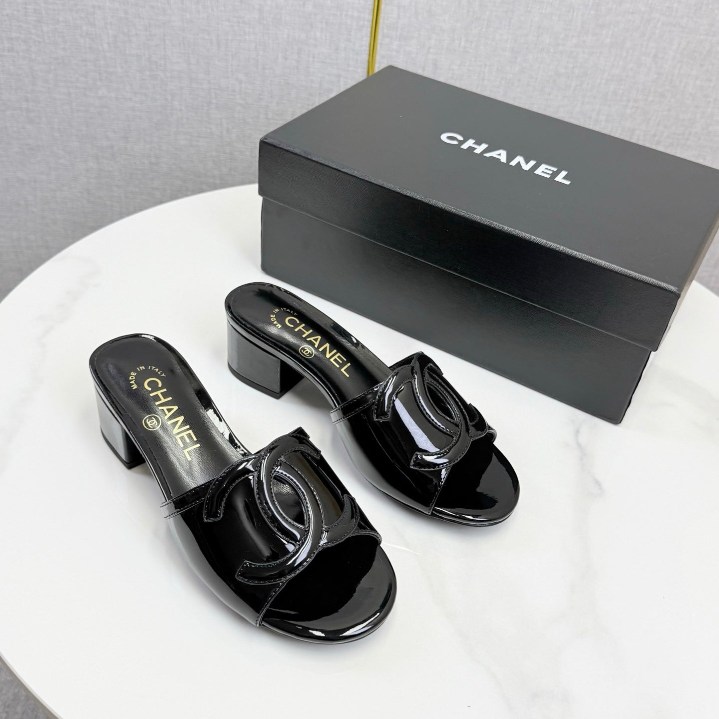 CC 26s Block Heel Sandals 4cm Black Patent Calfskin