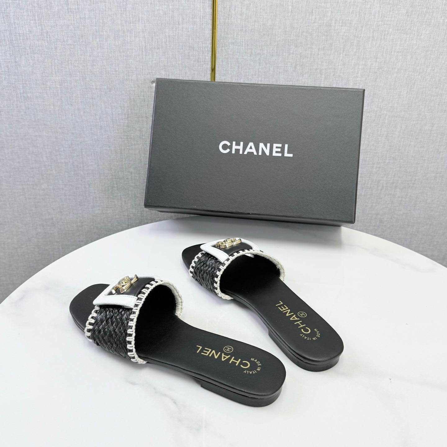 Chanel 26s Woven Strap Slides Black White Lambskin