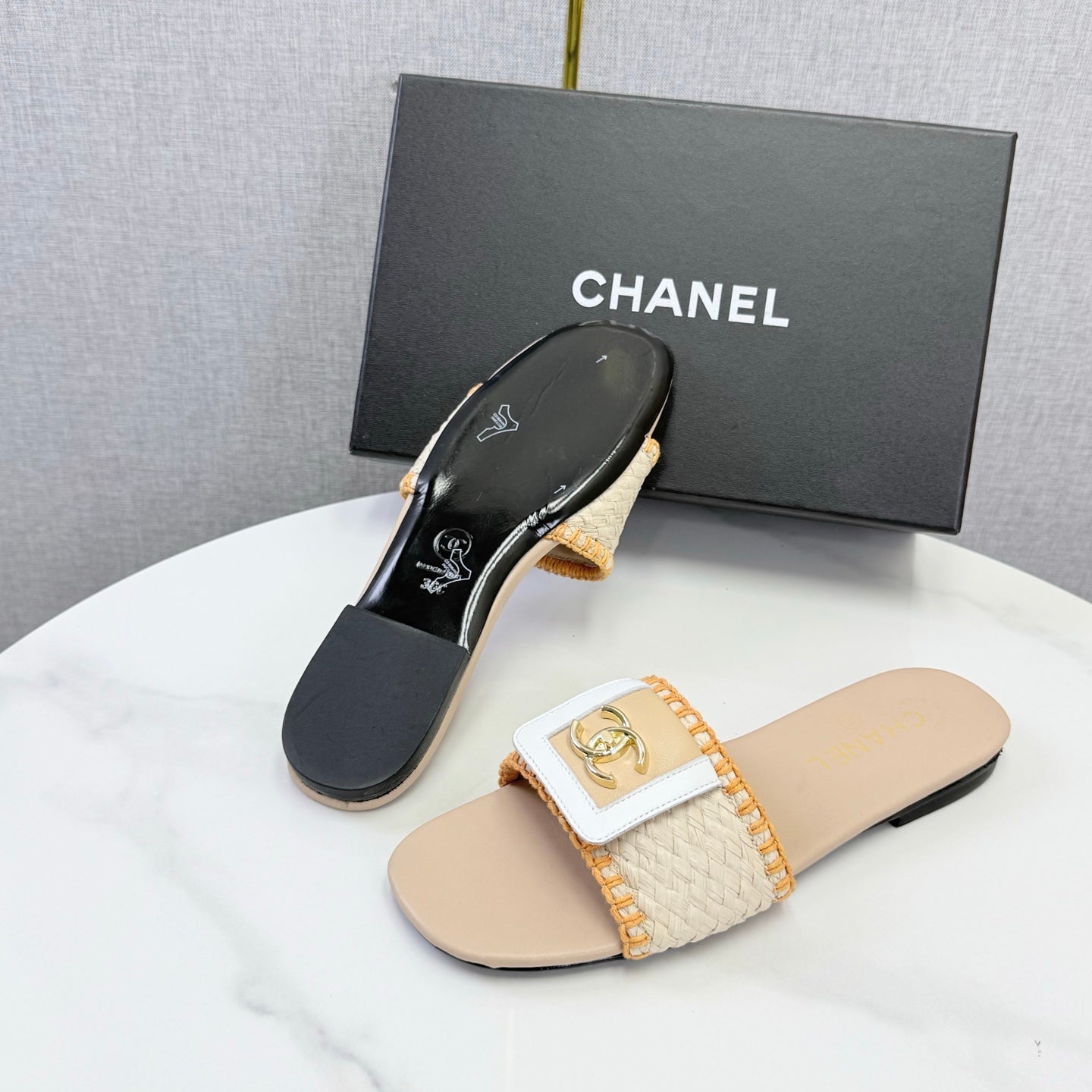 Chanel 26s Woven Strap Slides Beige Orange Lambskin