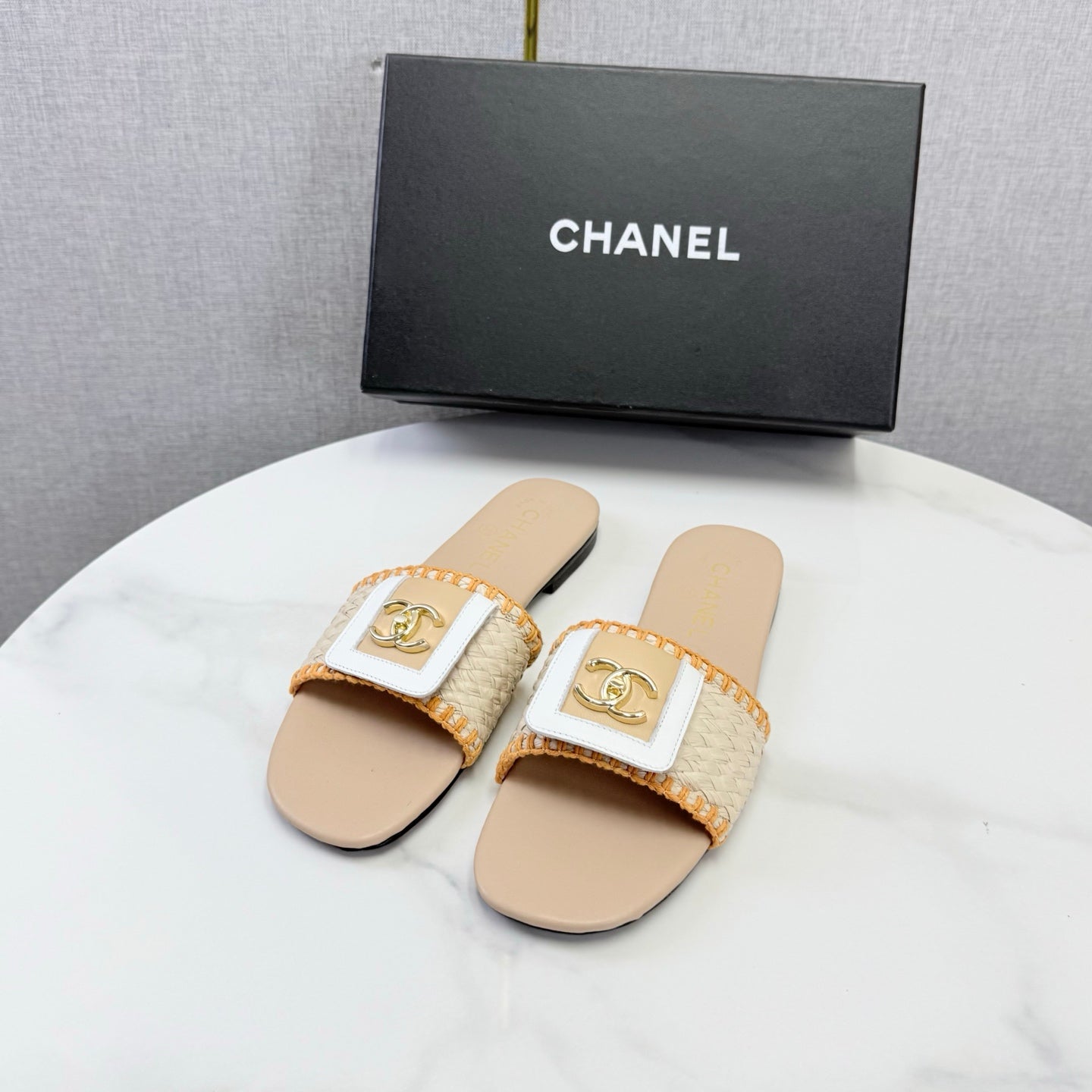 Chanel 26s Woven Strap Slides Beige Orange Lambskin