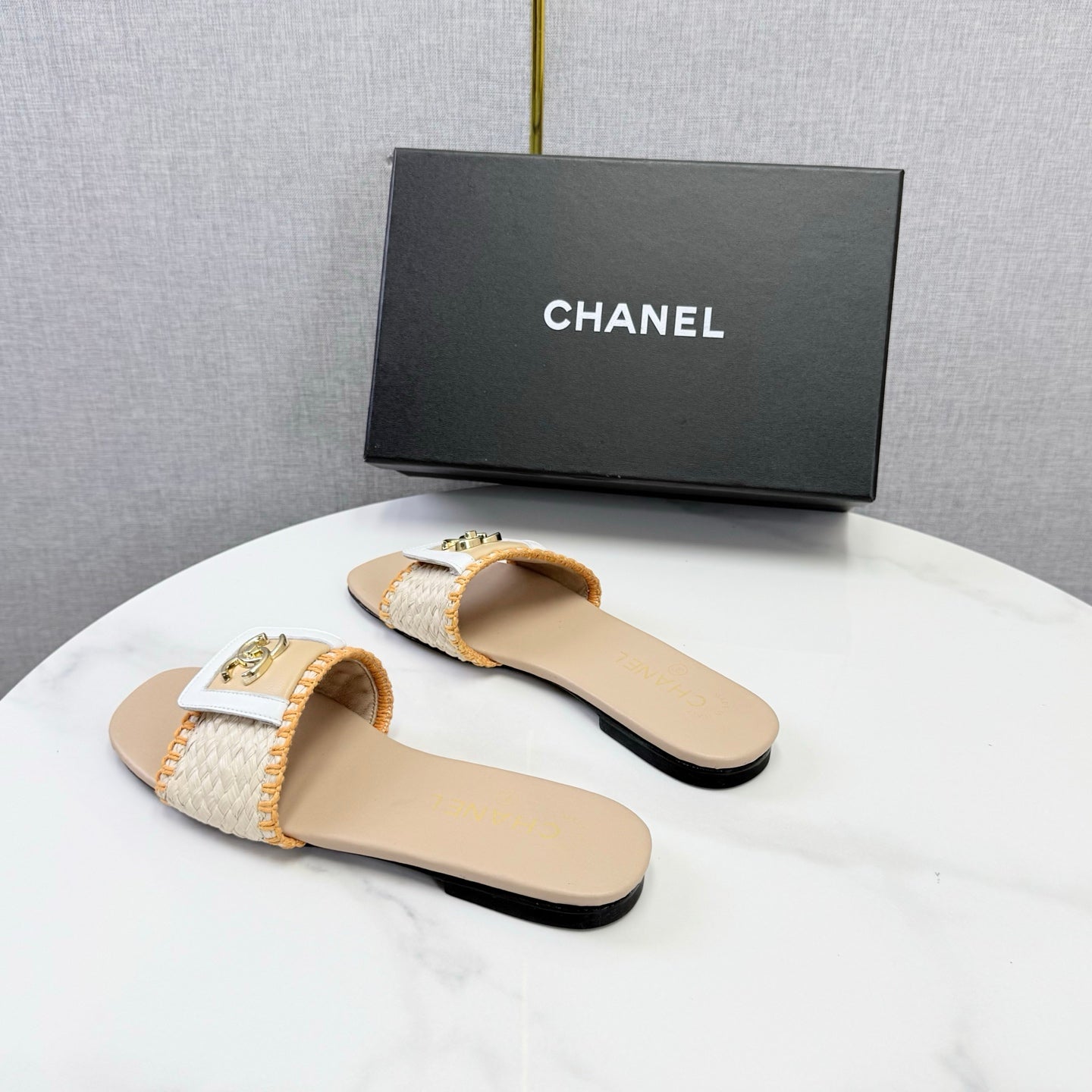 Chanel 26s Woven Strap Slides Beige Orange Lambskin