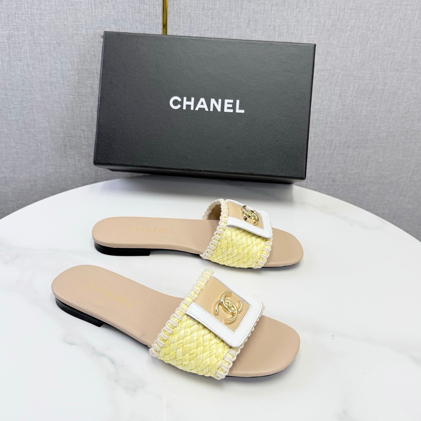 Chanel 26s Woven Strap Slides Yellow Beige Lambskin