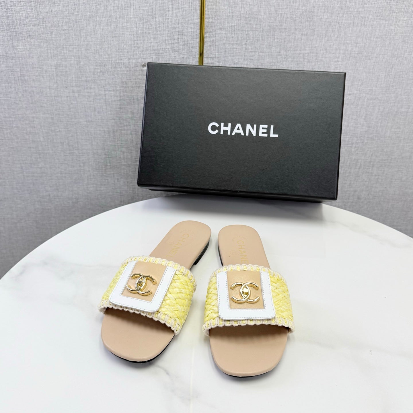 Chanel 26s Woven Strap Slides Yellow Beige Lambskin