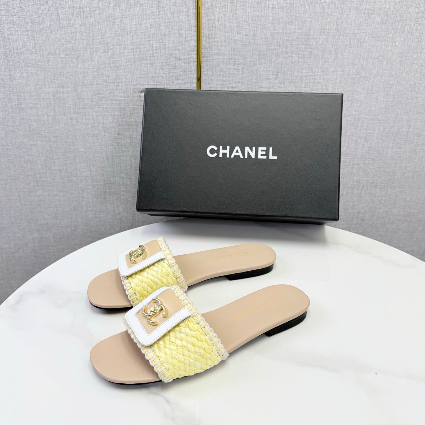 Chanel 26s Woven Strap Slides Yellow Beige Lambskin