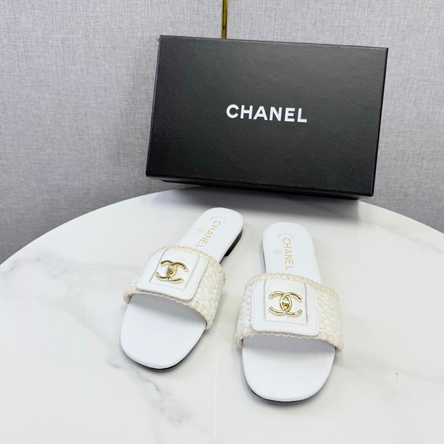Chanel 26s Woven Strap Slides White Lambskin