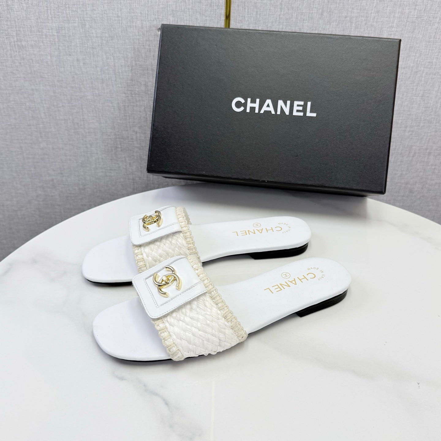Chanel 26s Woven Strap Slides White Lambskin