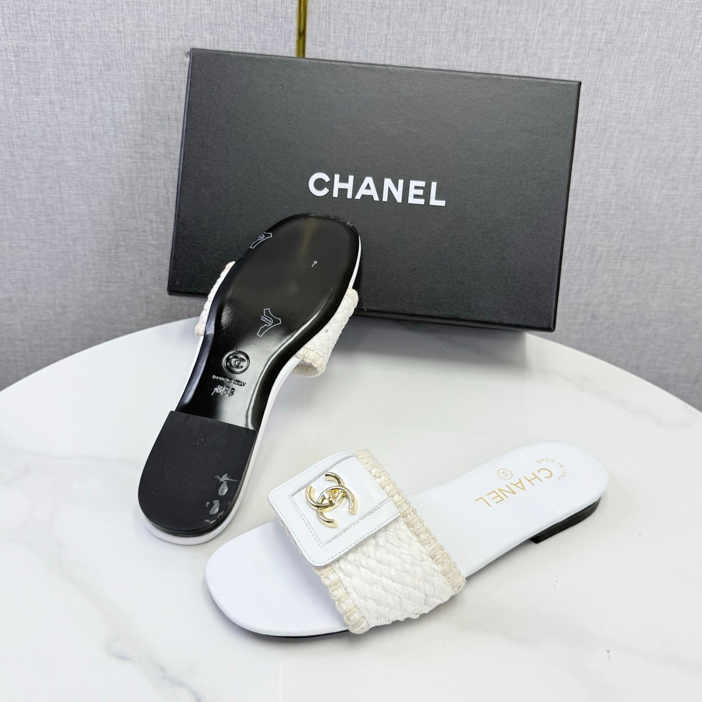 Chanel 26s Woven Strap Slides White Lambskin