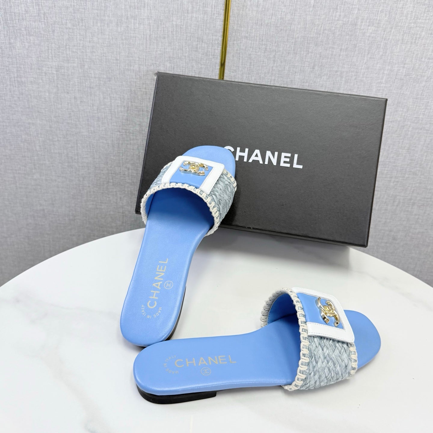 Chanel 26s Woven Strap Slides Sky Blue Lambskin