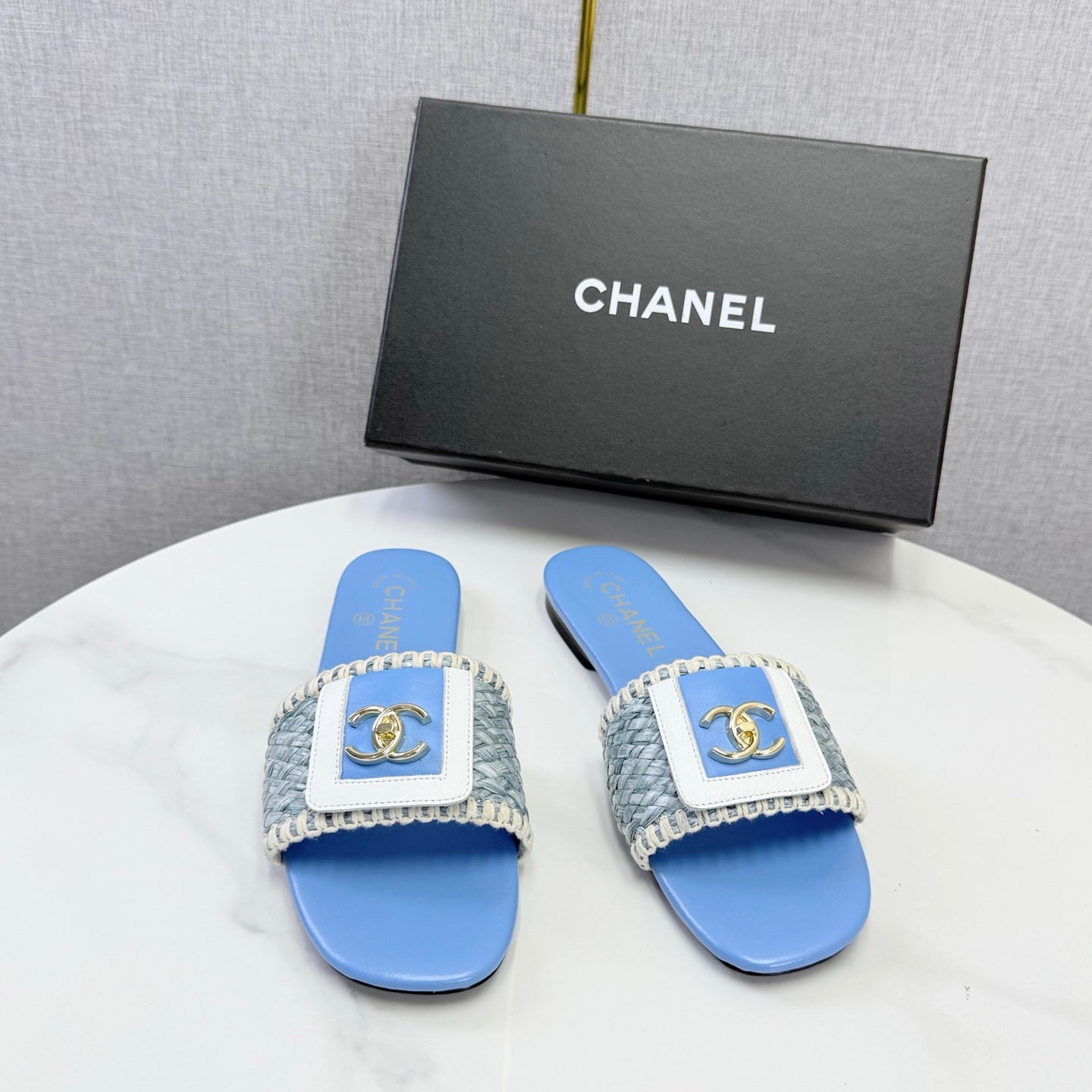 Chanel 26s Woven Strap Slides Sky Blue Lambskin