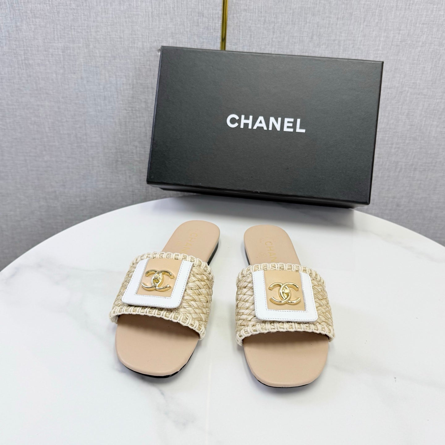 Chanel 26s Woven Strap Slides Beige Lambskin