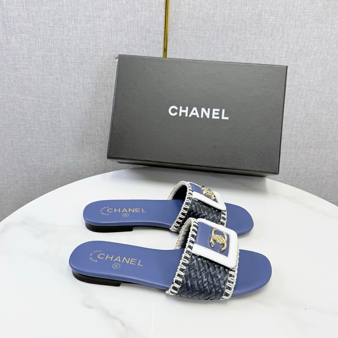 Chanel 26s Woven Strap Slides Dark Blue Lambskin