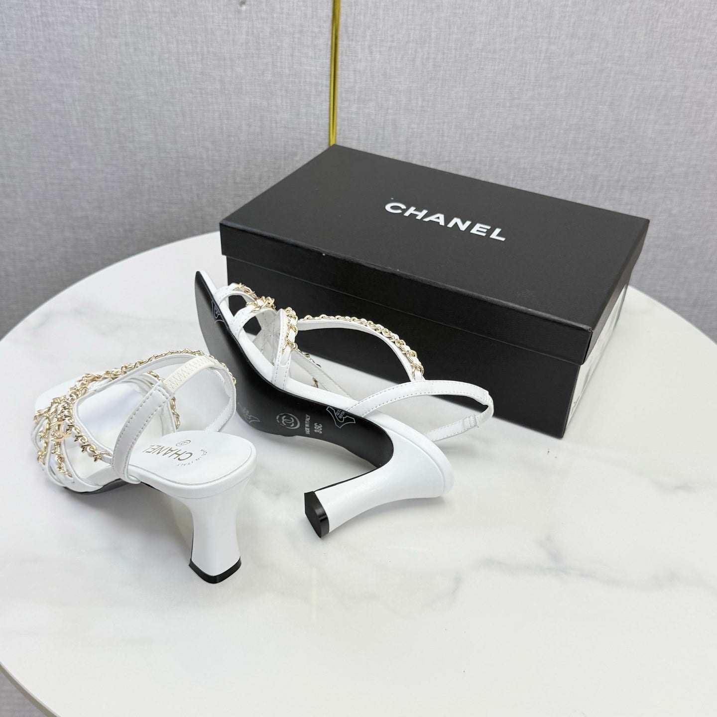 CC 26s Chain Strap High Heels 6.5cm White Lambskin