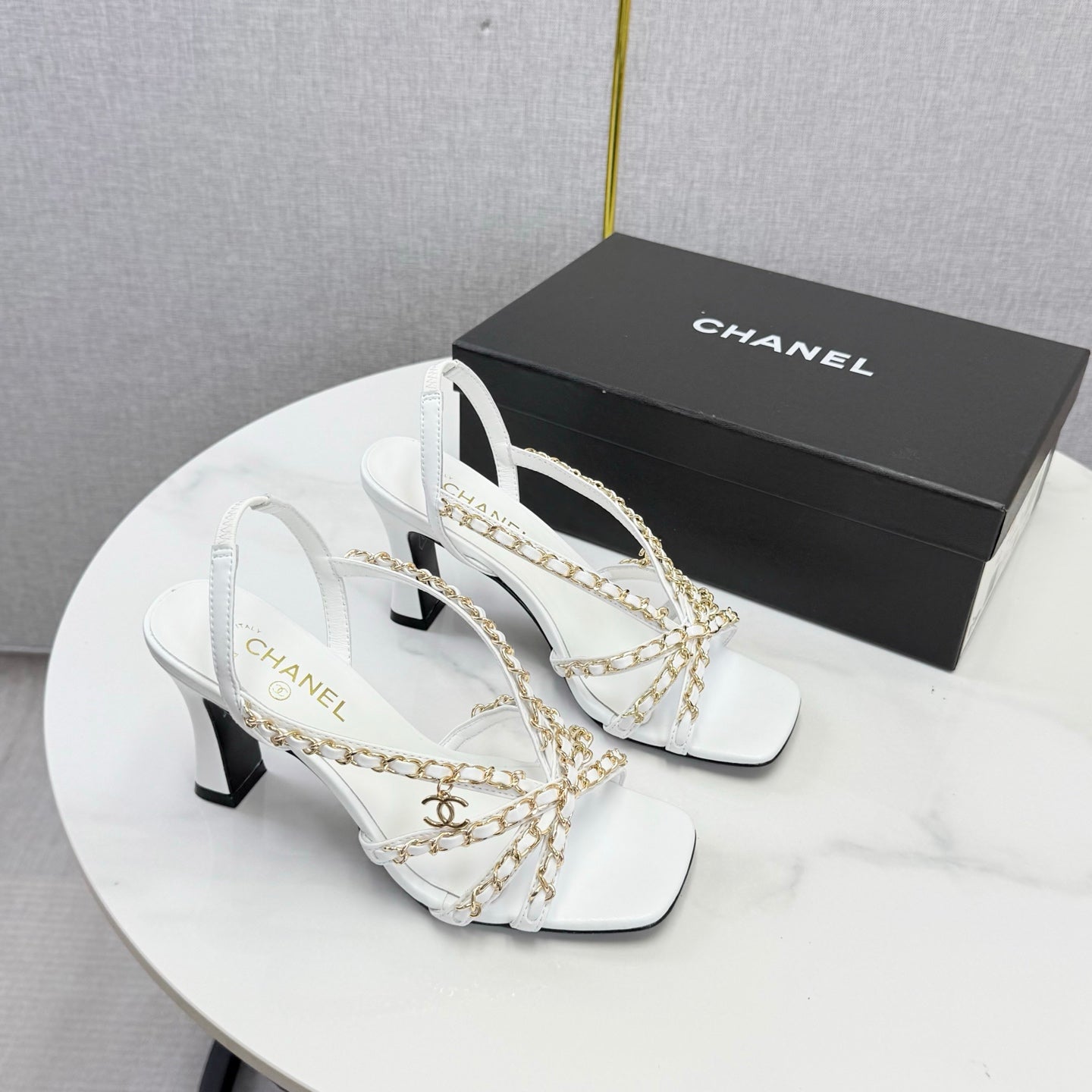 CC 26s Chain Strap High Heels 6.5cm White Lambskin