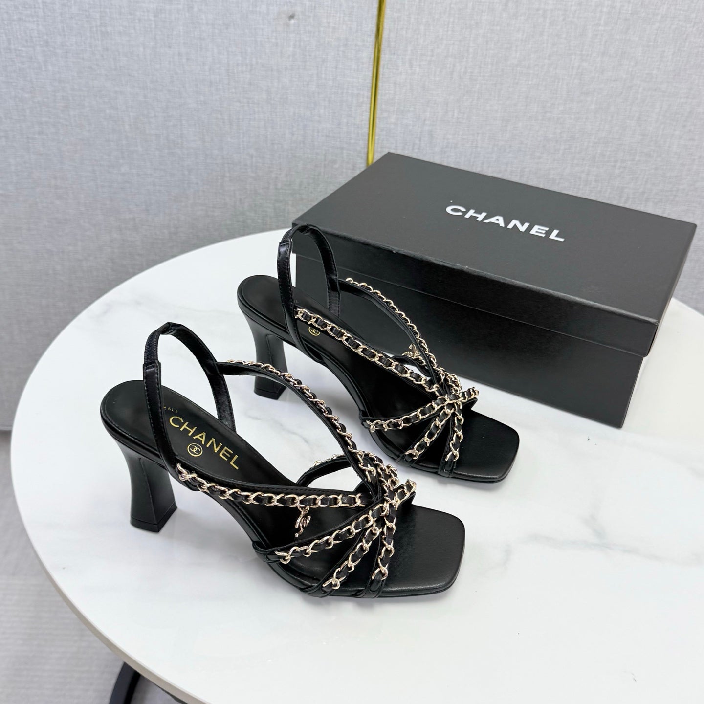 CC 26s Chain Strap High Heels 6.5cm Black Lambskin