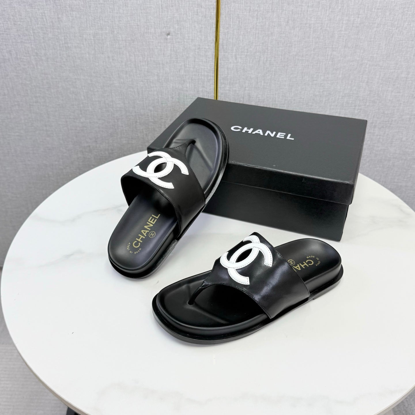 Chanel 26s CC Thong Slides Black Lambskin