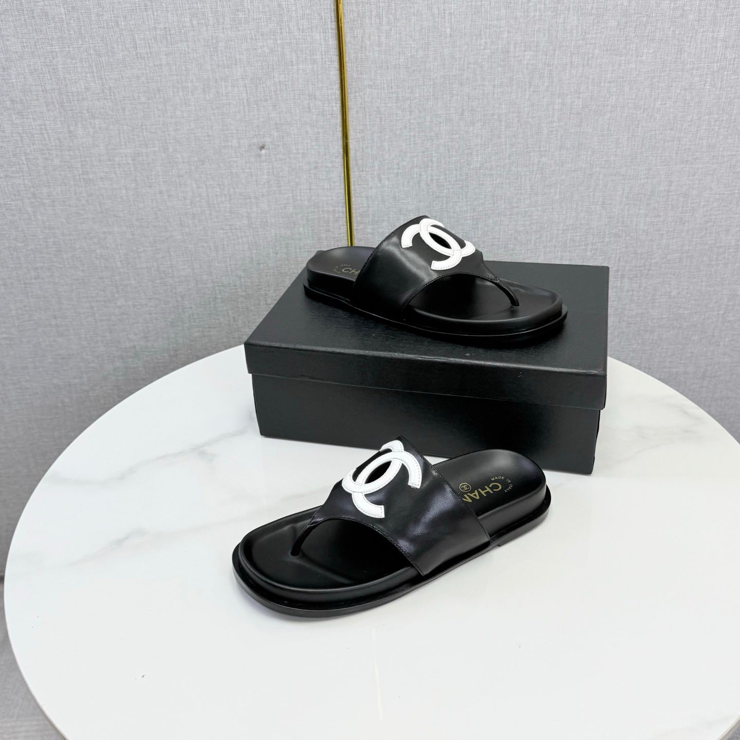 Chanel 26s CC Thong Slides Black Lambskin