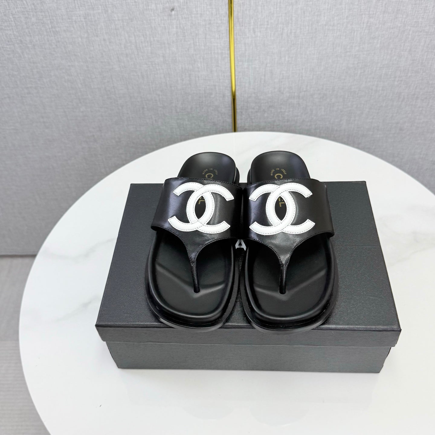 Chanel 26s CC Thong Slides Black Lambskin