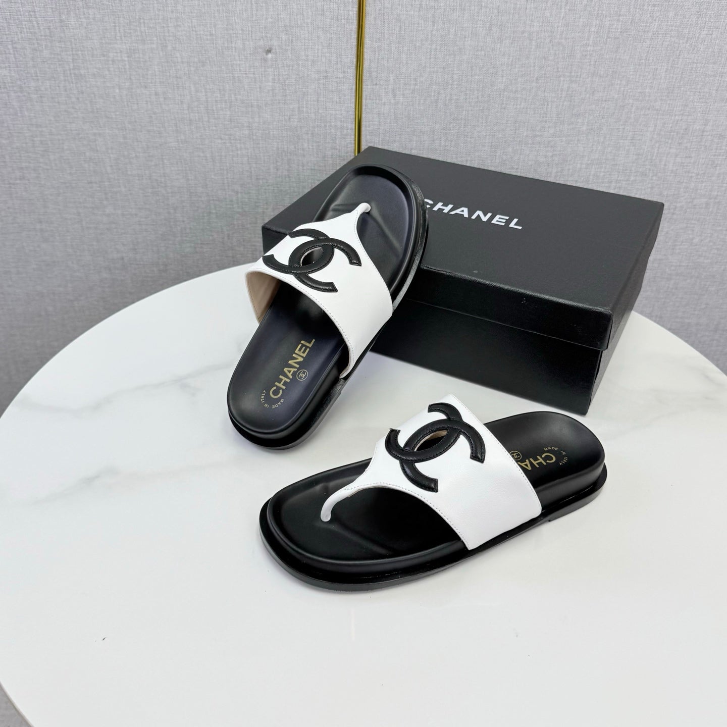 Chanel 26s CC Thong Slides White Lambskin