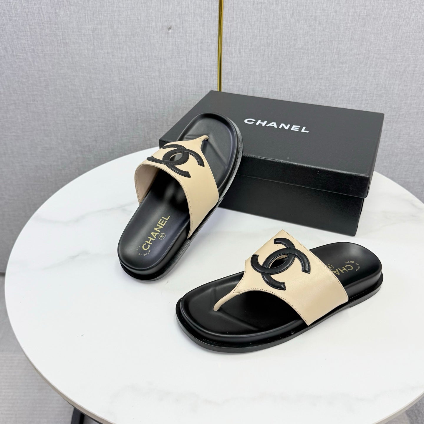 Chanel 26s CC Thong Slides Beige Lambskin