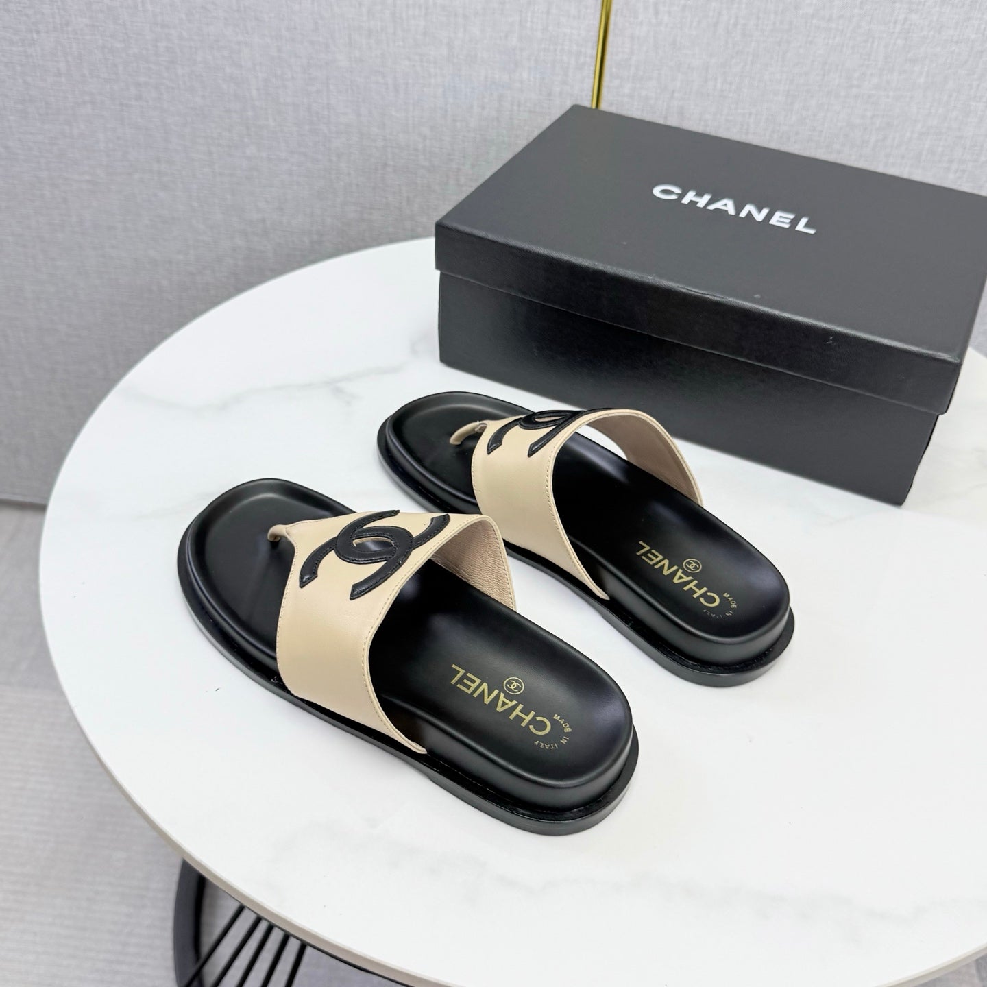 Chanel 26s CC Thong Slides Beige Lambskin