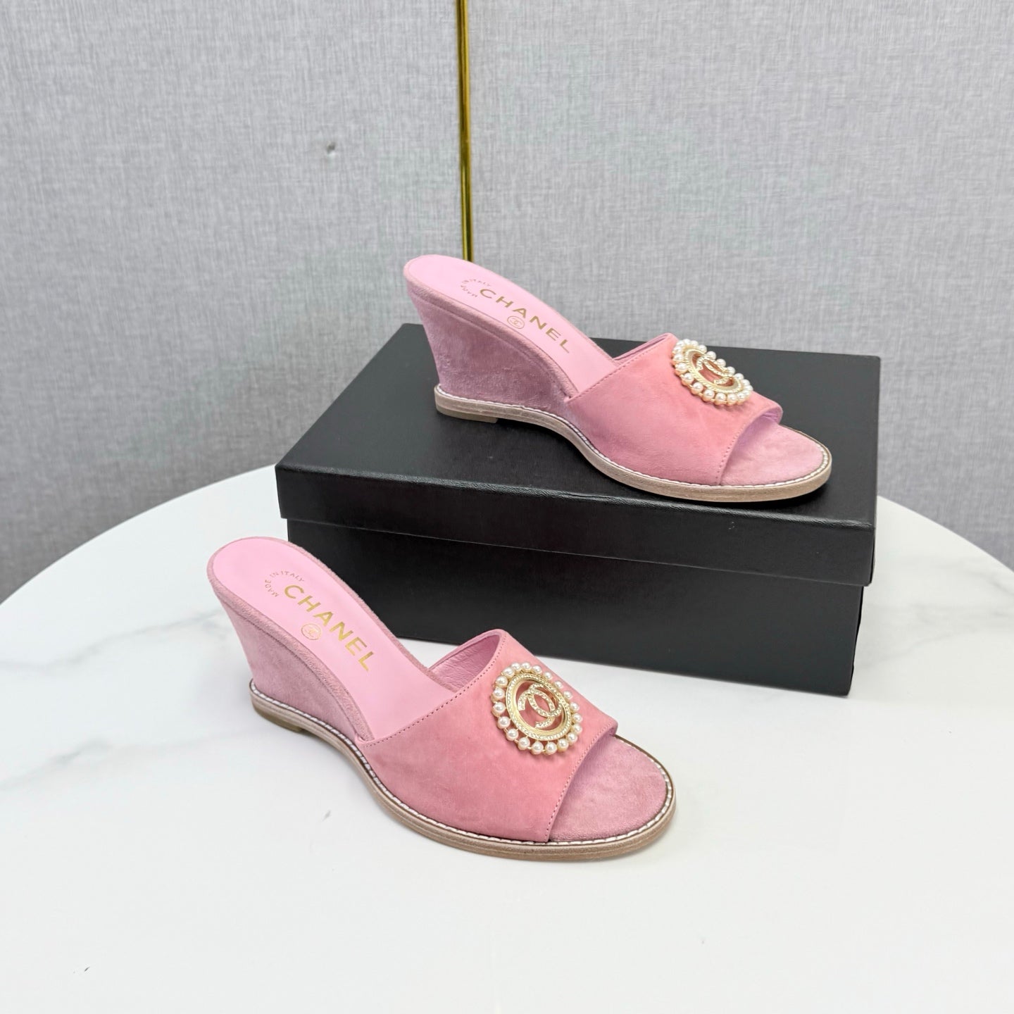 CC 26s Wedge Heels In Pink Suede With CC Pearl Embellished