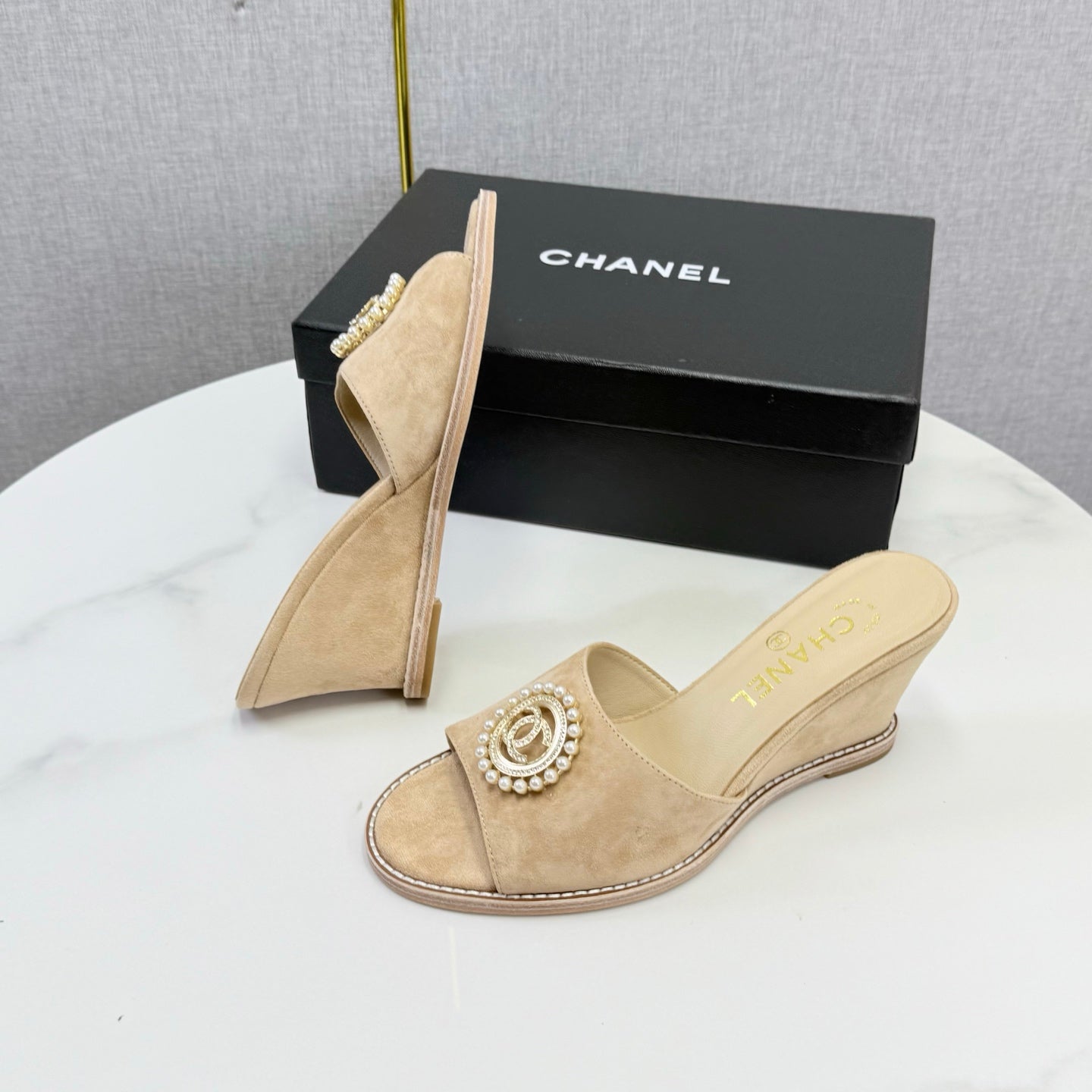 CC 26s Wedge Heels In Beige Suede With Cc Pearl Embellished