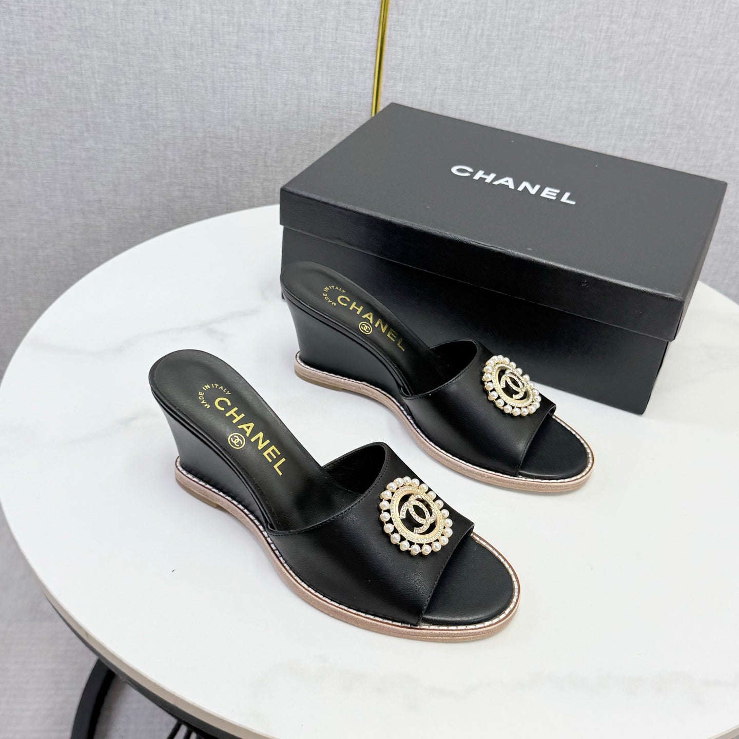 CC 26s Wedge Heels In Black Lambskin With Cc Pearl Embellished