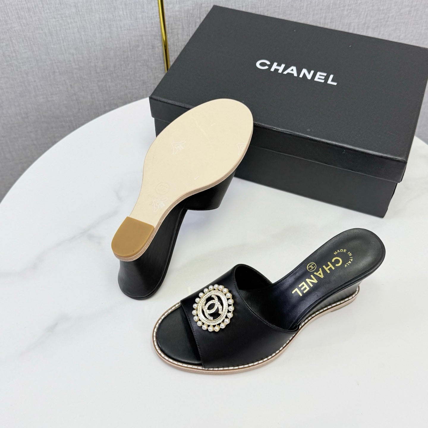 CC 26s Wedge Heels In Black Lambskin With Cc Pearl Embellished
