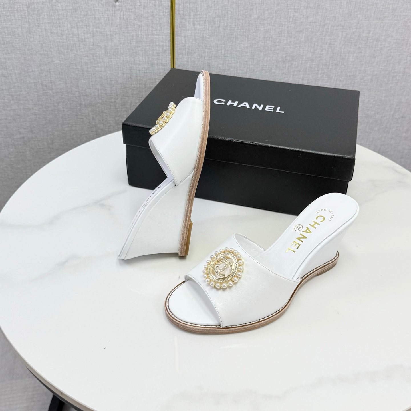 CC 26s Wedge Heels In White Lambskin With CC Pearl Embellished