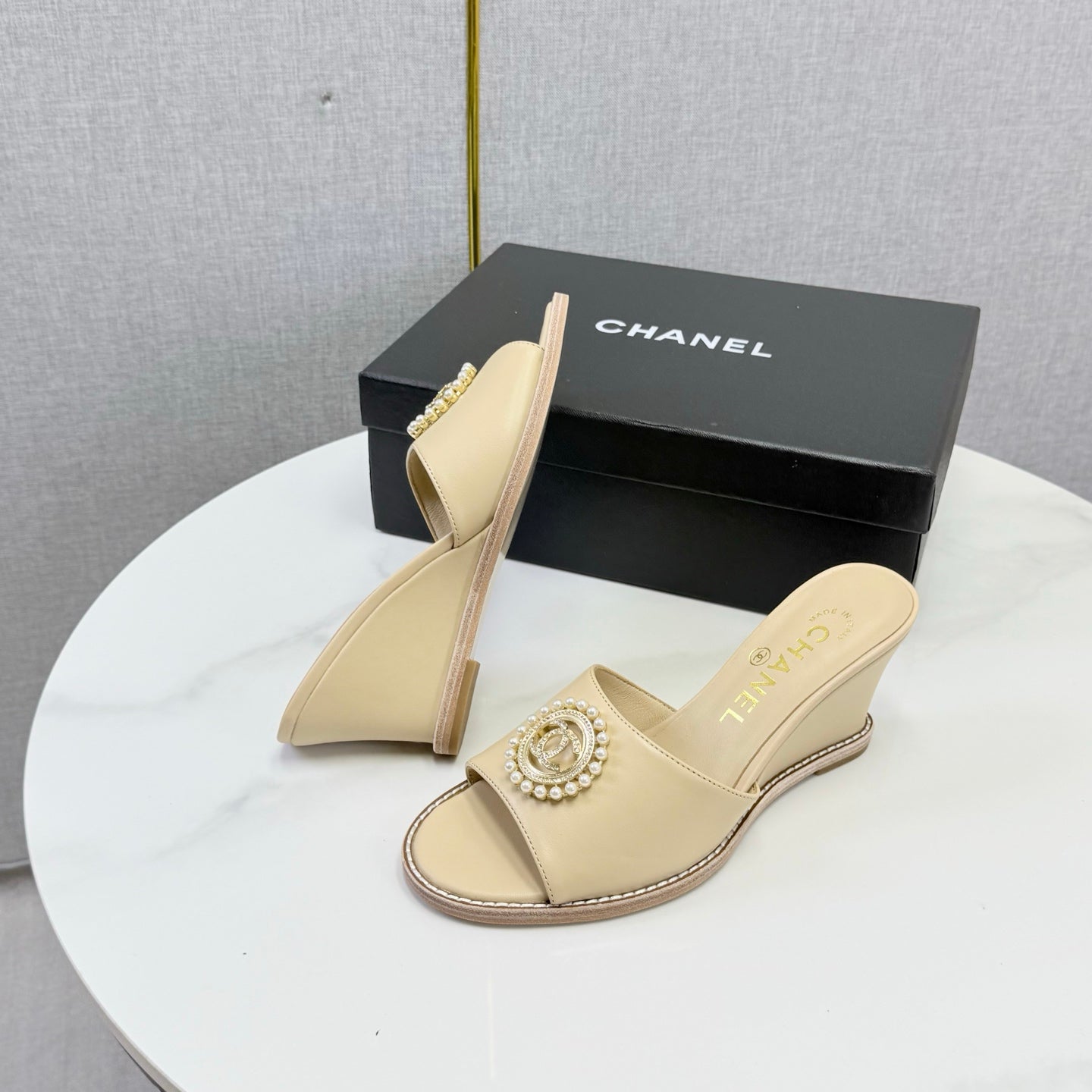 CC 26s Wedge Heels In Beige Lambskin With CC Pearl Embellished