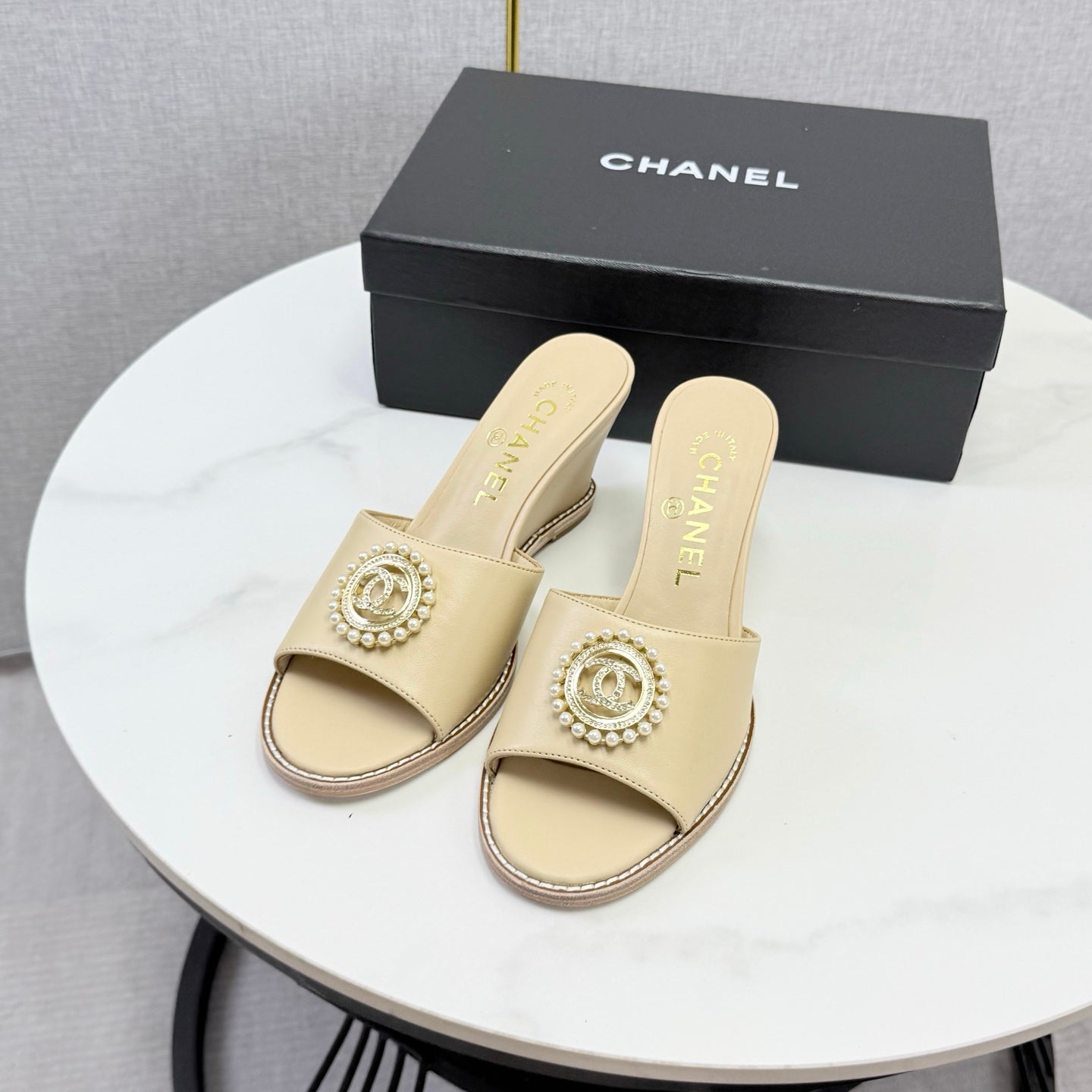 CC 26s Wedge Heels In Beige Lambskin With CC Pearl Embellished