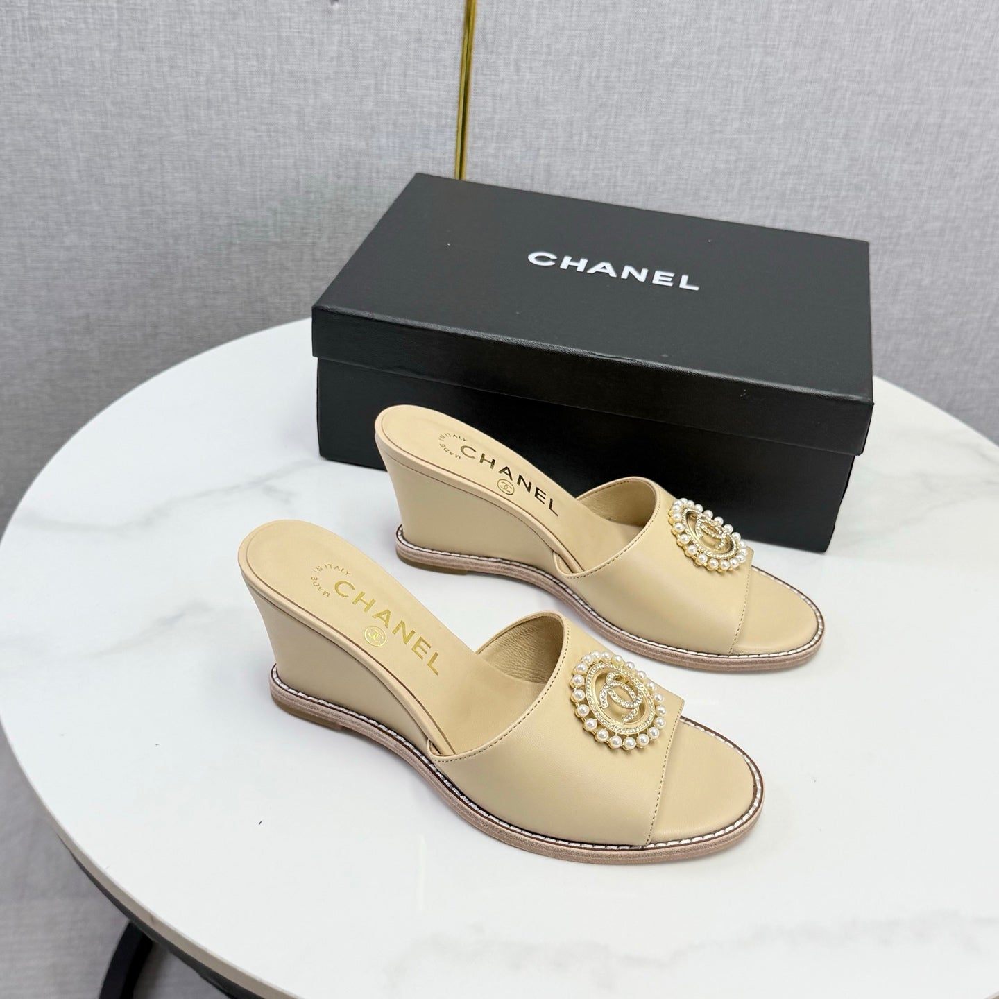 CC 26s Wedge Heels In Beige Lambskin With CC Pearl Embellished